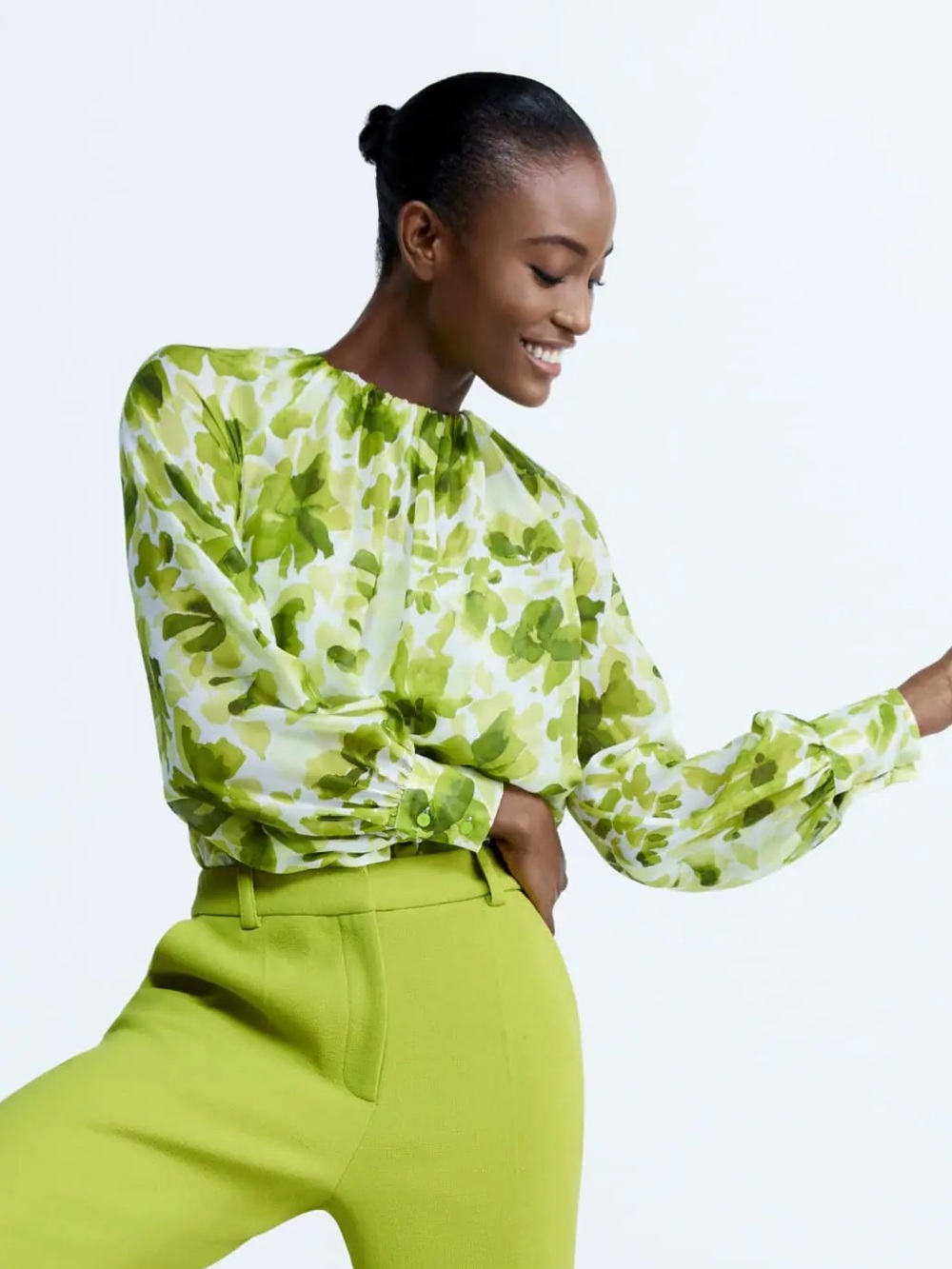 The Fold Silk Green Abstract Floral Sheer Blouse maximalism ballon sleeve 10